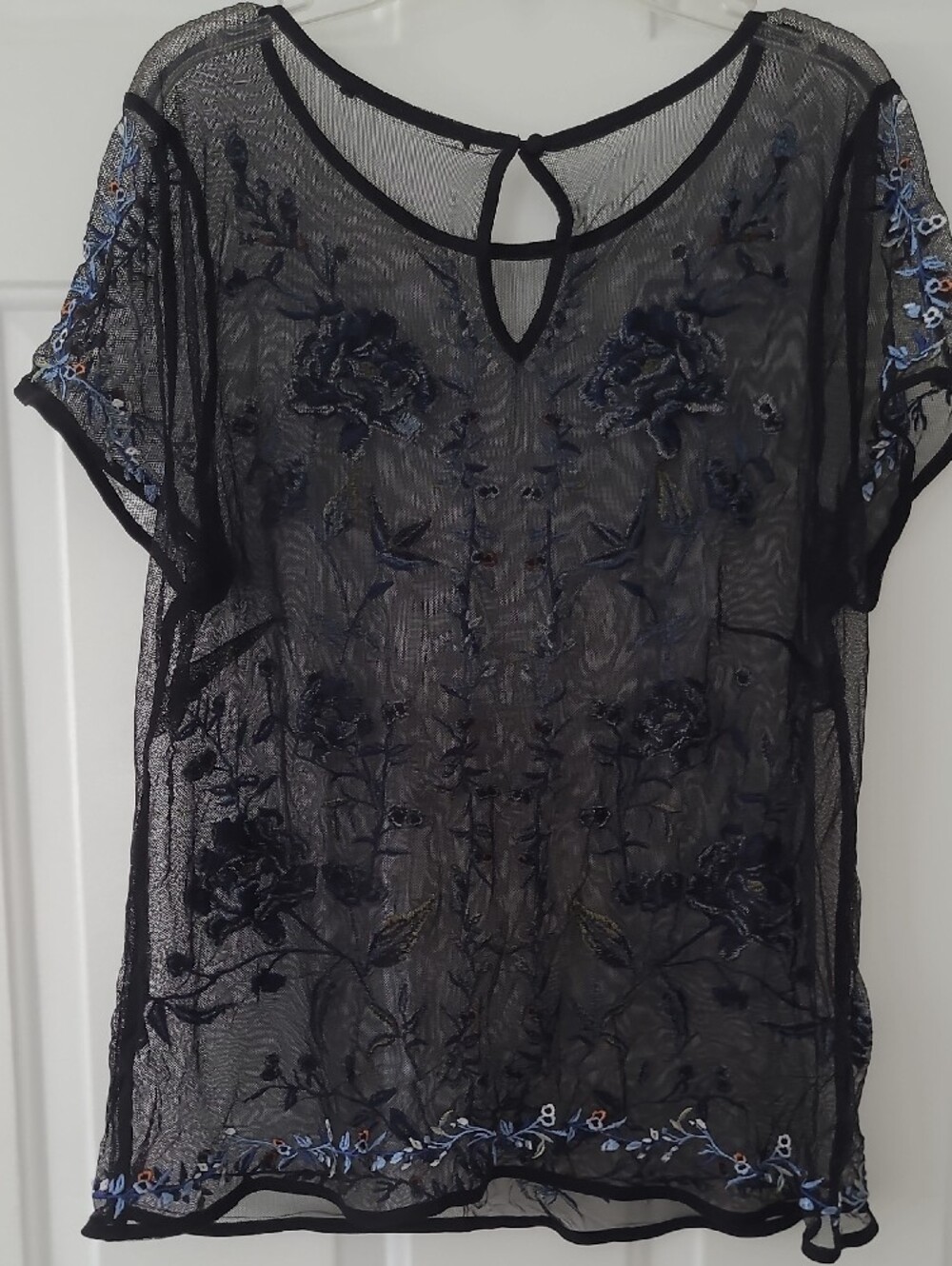White House Black Market Sheer Black Blouse with Blue Floral Embroidery - Picture 5 of 10